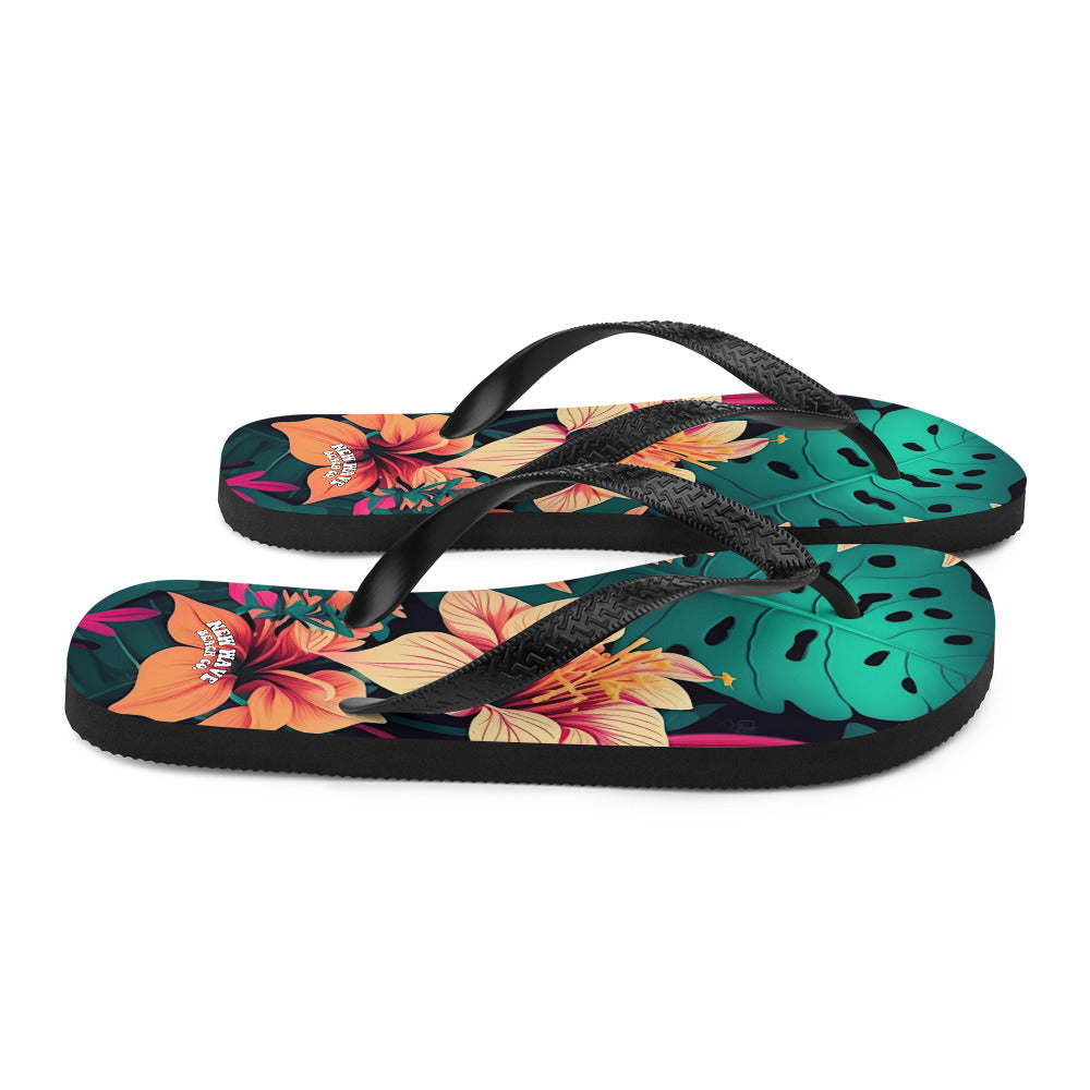 Pink and Green Tropical Flowers Flip-Flops